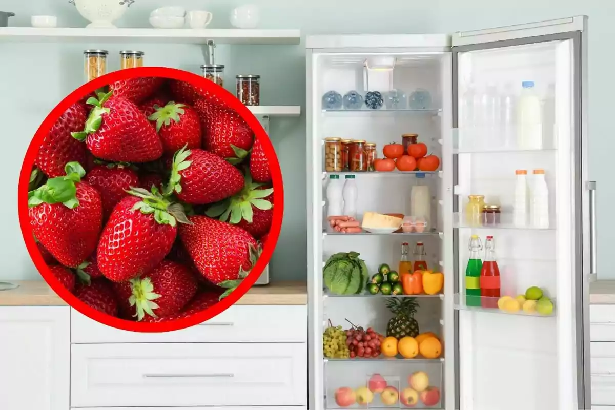 Montaje de fotos de un refrigerador abierto con frutas y verduras frescas y un círculo resaltando fresas rojas. Montaje de fotos de un refrigerador abierto con frutas y verduras frescas y un círculo resaltando fresas rojas.