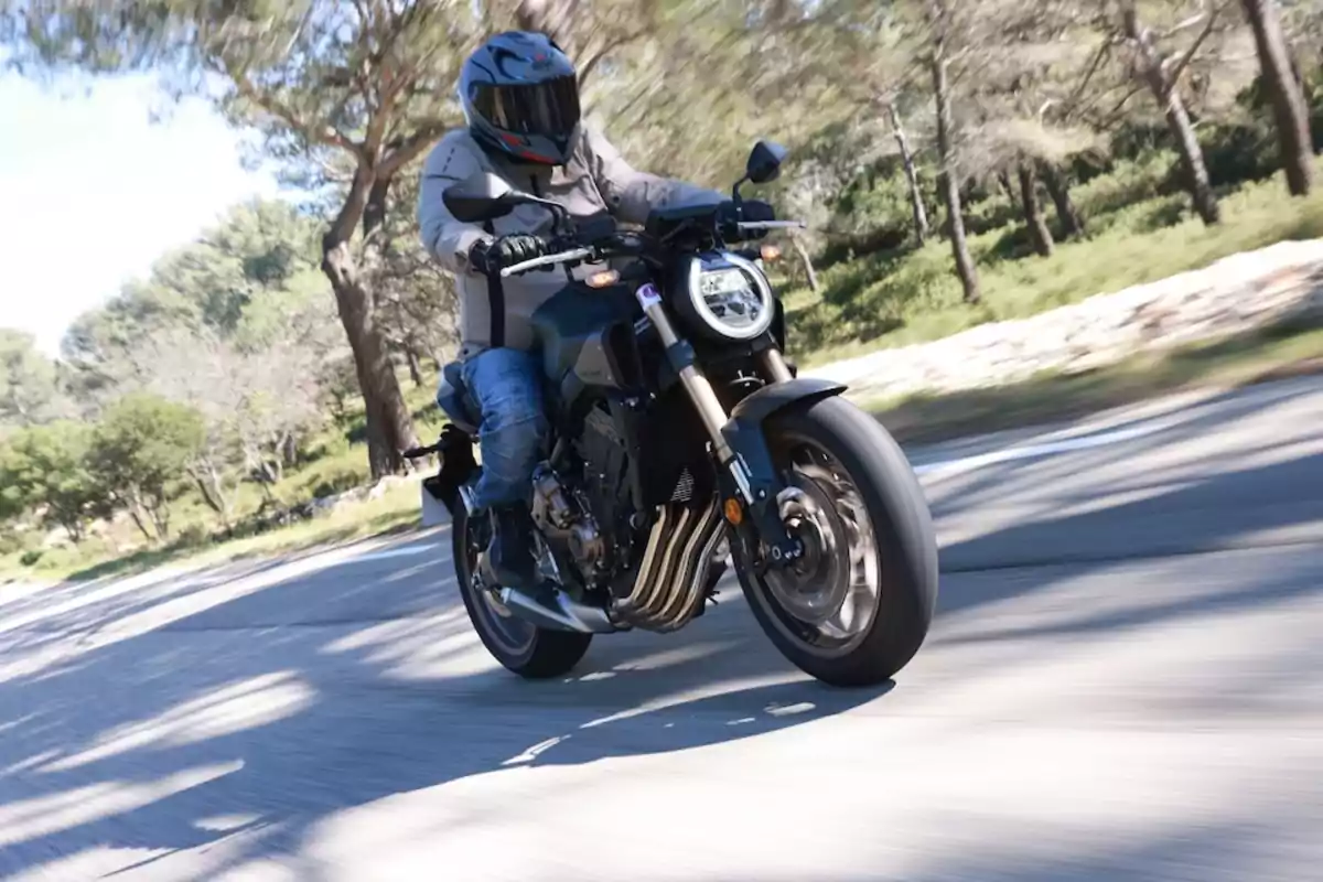 Persona conduciendo una motocicleta deportiva en una carretera rodeada de árboles Persona conduciendo una motocicleta deportiva en una carretera rodeada de árboles