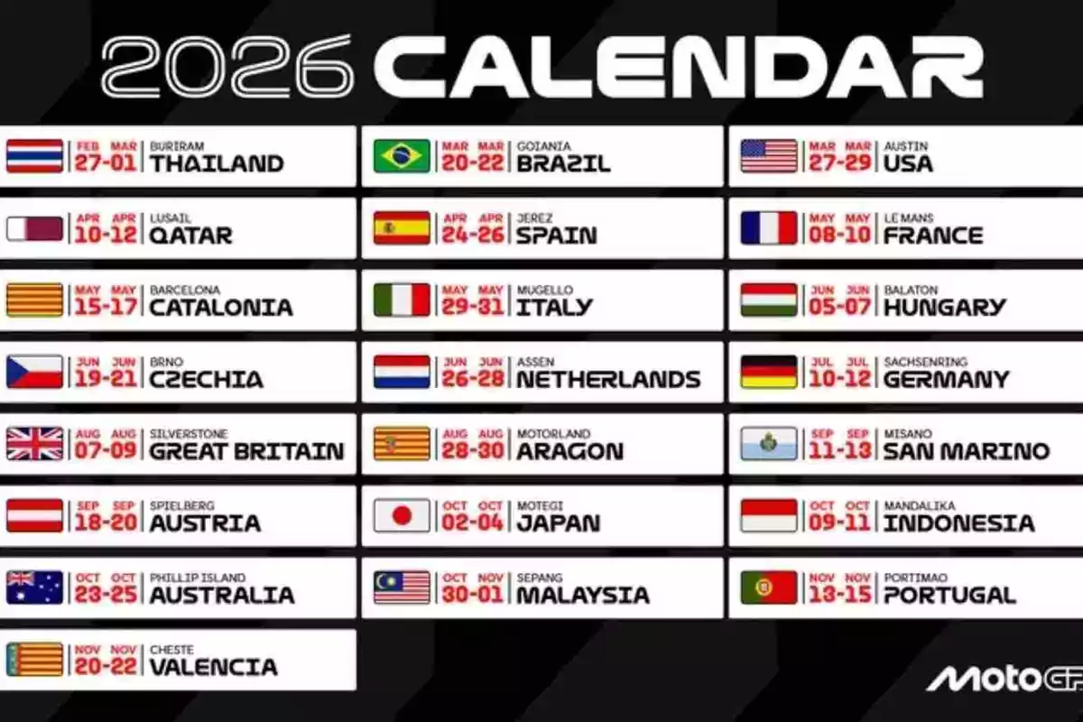 The 2026 MotoGP calendar has been announced. The 2026 MotoGP calendar has been announced.