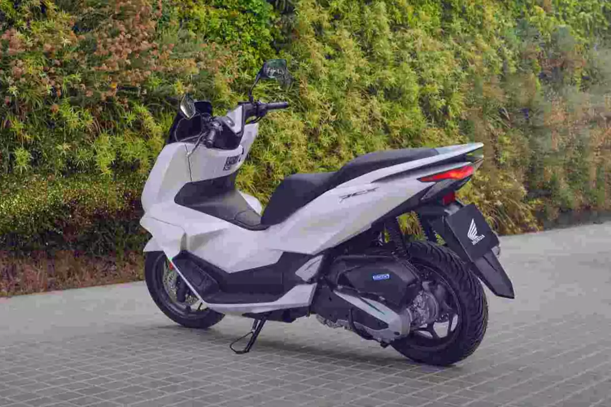 White scooter-type motorcycle parked on a tiled floor with a background of green vegetation White scooter-type motorcycle parked on a tiled floor with a background of green vegetation
