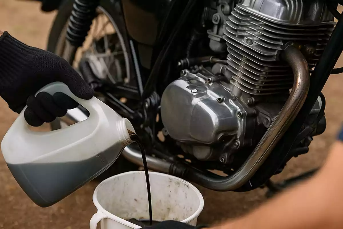 Persona con guantes vaciando aceite usado de una motocicleta en un recipiente blanco