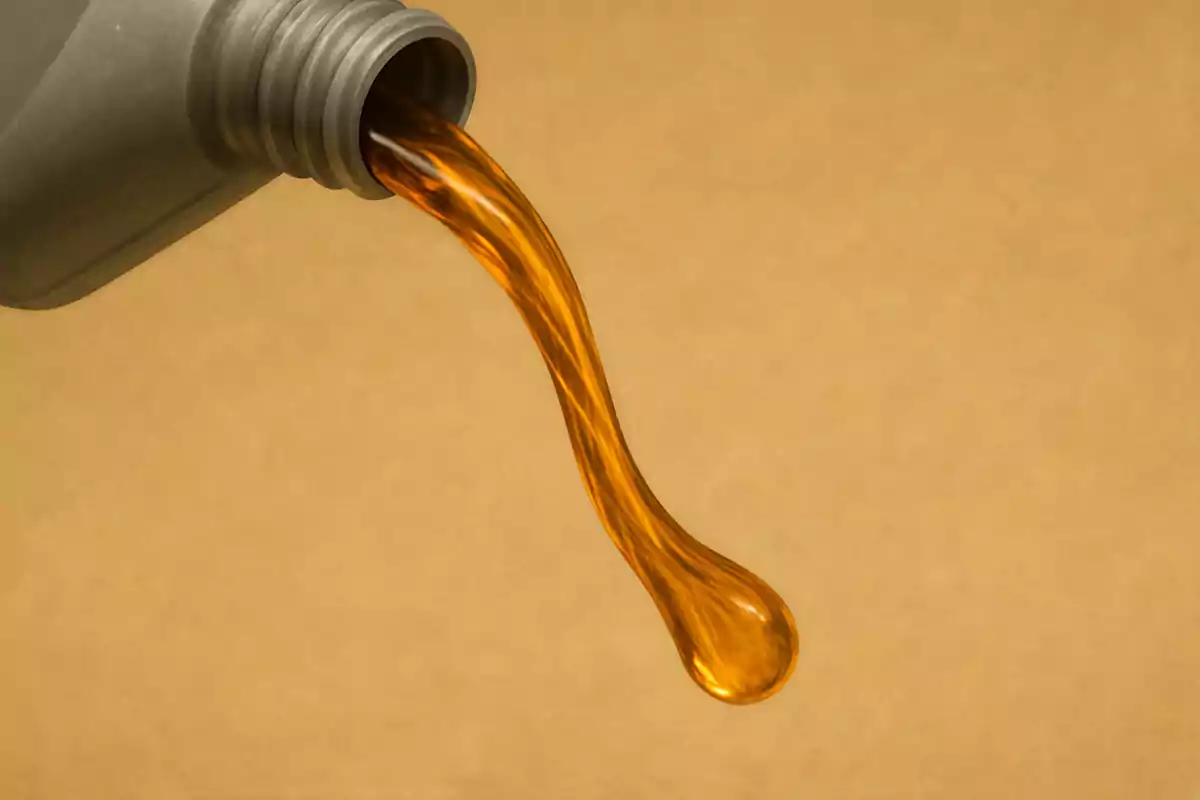 Aceite de motor siendo vertido desde una botella sobre un fondo beige Aceite de motor siendo vertido desde una botella sobre un fondo beige