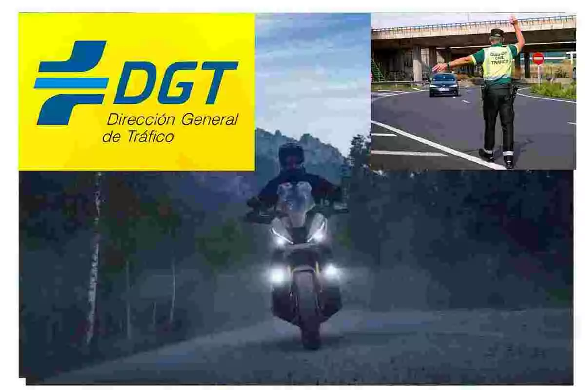 Logo de la Dirección General de Tráfico junto a un guardia civil regulando el tráfico y una motocicleta circulando de noche con las luces encendidas