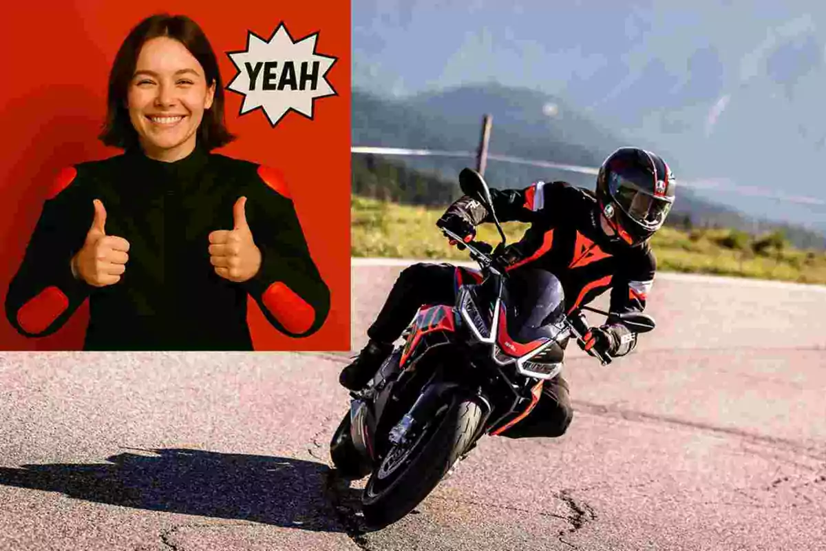 Persona sonriente con pulgares arriba y la palabra "YEAH" junto a un motociclista tomando una curva en carretera ambos con equipo de protección negro y rojo