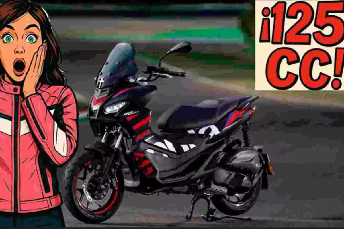 Mujer sorprendida junto a una motocicleta deportiva negra con detalles rojos y el texto 125 CC en grande