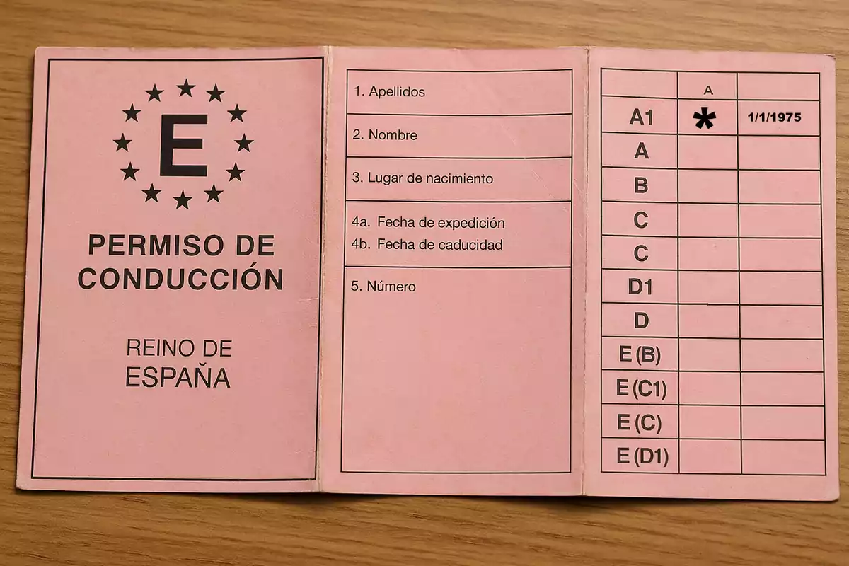 Permiso de conducción español de color rosa abierto sobre una mesa de madera mostrando las secciones para datos personales y categorías de licencia Permiso de conducción español de color rosa abierto sobre una mesa de madera mostrando las secciones para datos personales y categorías de licencia