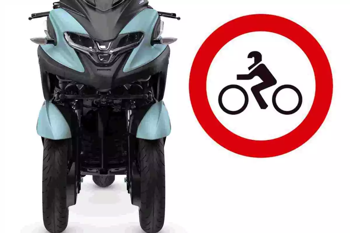 Three-wheeled motorcycle next to a no motorcycles allowed sign