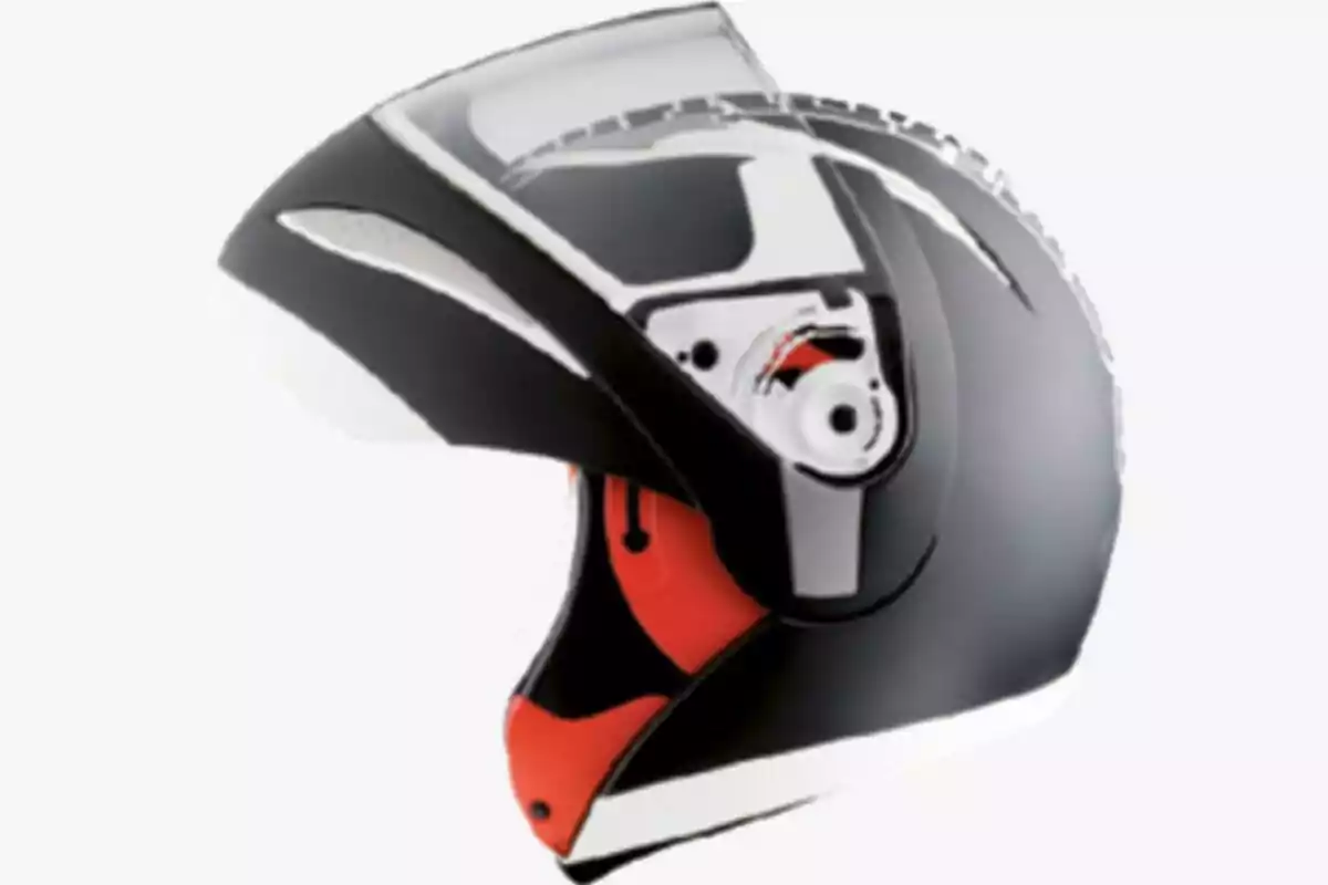 Casco de motociclista negro con detalles en blanco y rojo y visor transparente Casco de motociclista negro con detalles en blanco y rojo y visor transparente