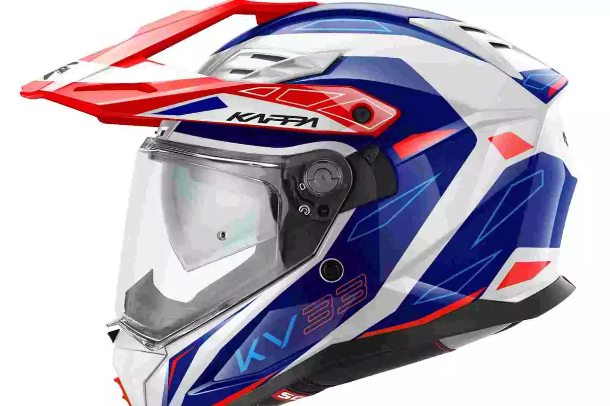 Casc de motocicleta esportiu en colors blau, blanc i vermell amb visera transparent i disseny modern Casc de motocicleta esportiu en colors blau, blanc i vermell amb visera transparent i disseny modern