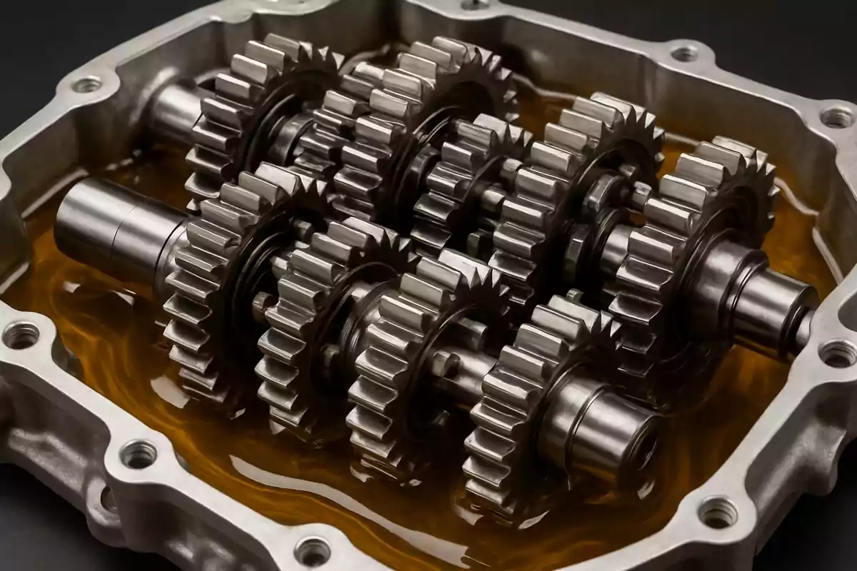 Engranajes metálicos de una caja de transmisión parcialmente sumergidos en aceite lubricante Engranajes metálicos de una caja de transmisión parcialmente sumergidos en aceite lubricante