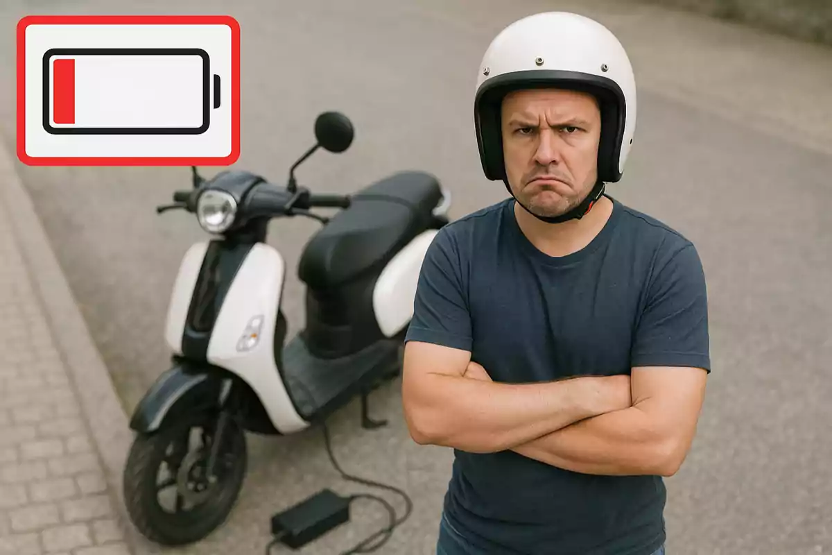 Hombre con casco y expresión de molestia junto a una moto eléctrica descargada y un ícono de batería baja
