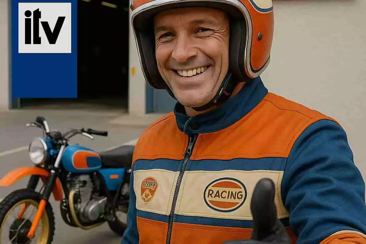Smiling man wearing a helmet and an orange and blue motorcycle jacket giving a thumbs-up gesture, with a classic motorcycle in the background and an ITV logo in the top left corner. Smiling man wearing a helmet and an orange and blue motorcycle jacket giving a thumbs-up gesture, with a classic motorcycle in the background and an ITV logo in the top left corner.