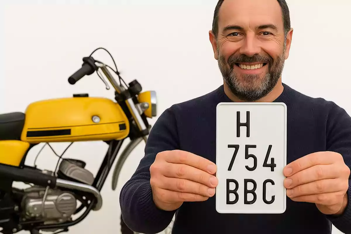 Hombre sonriente sosteniendo una placa de matrícula frente a una motocicleta amarilla