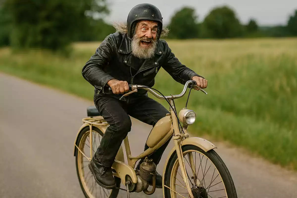 Hombre mayor con barba y chaqueta de cuero montando una bicicleta antigua en una carretera rural mientras sonríe emocionado Hombre mayor con barba y chaqueta de cuero montando una bicicleta antigua en una carretera rural mientras sonríe emocionado
