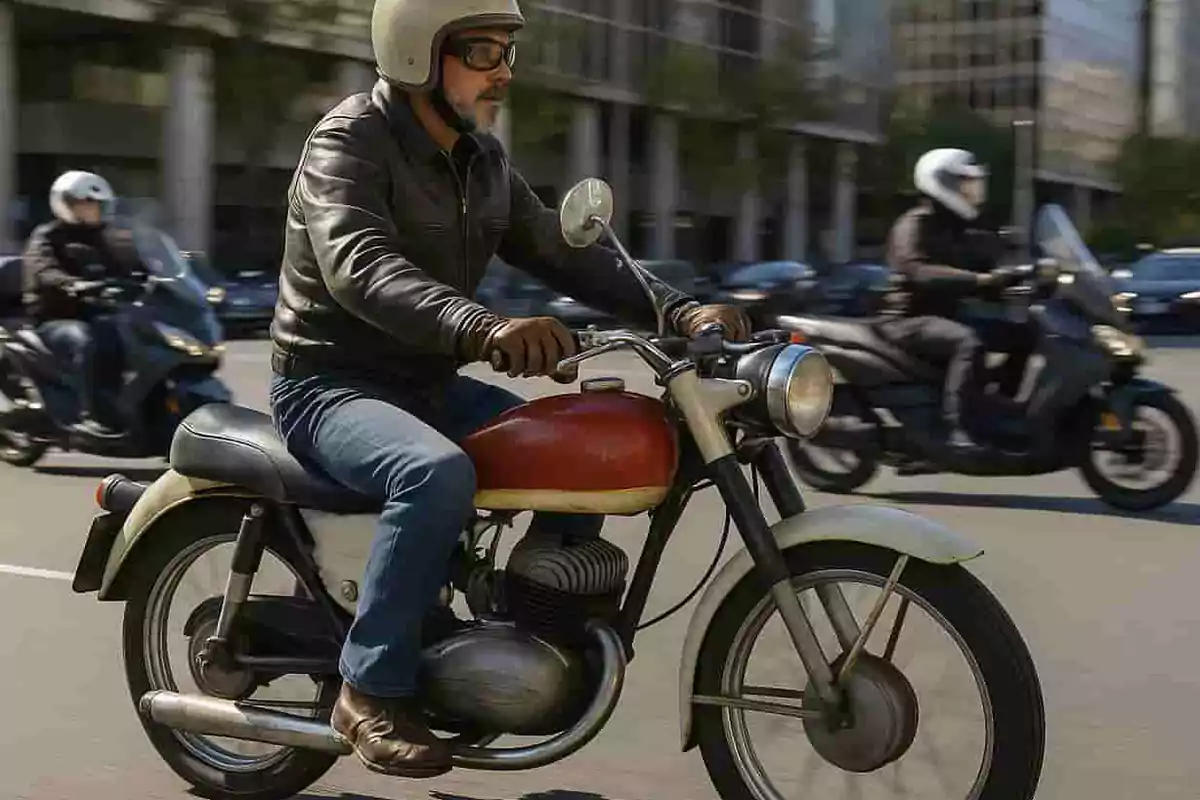 Hombre con casco y chaqueta de cuero conduciendo una motocicleta clásica en una ciudad con otros motociclistas al fondo