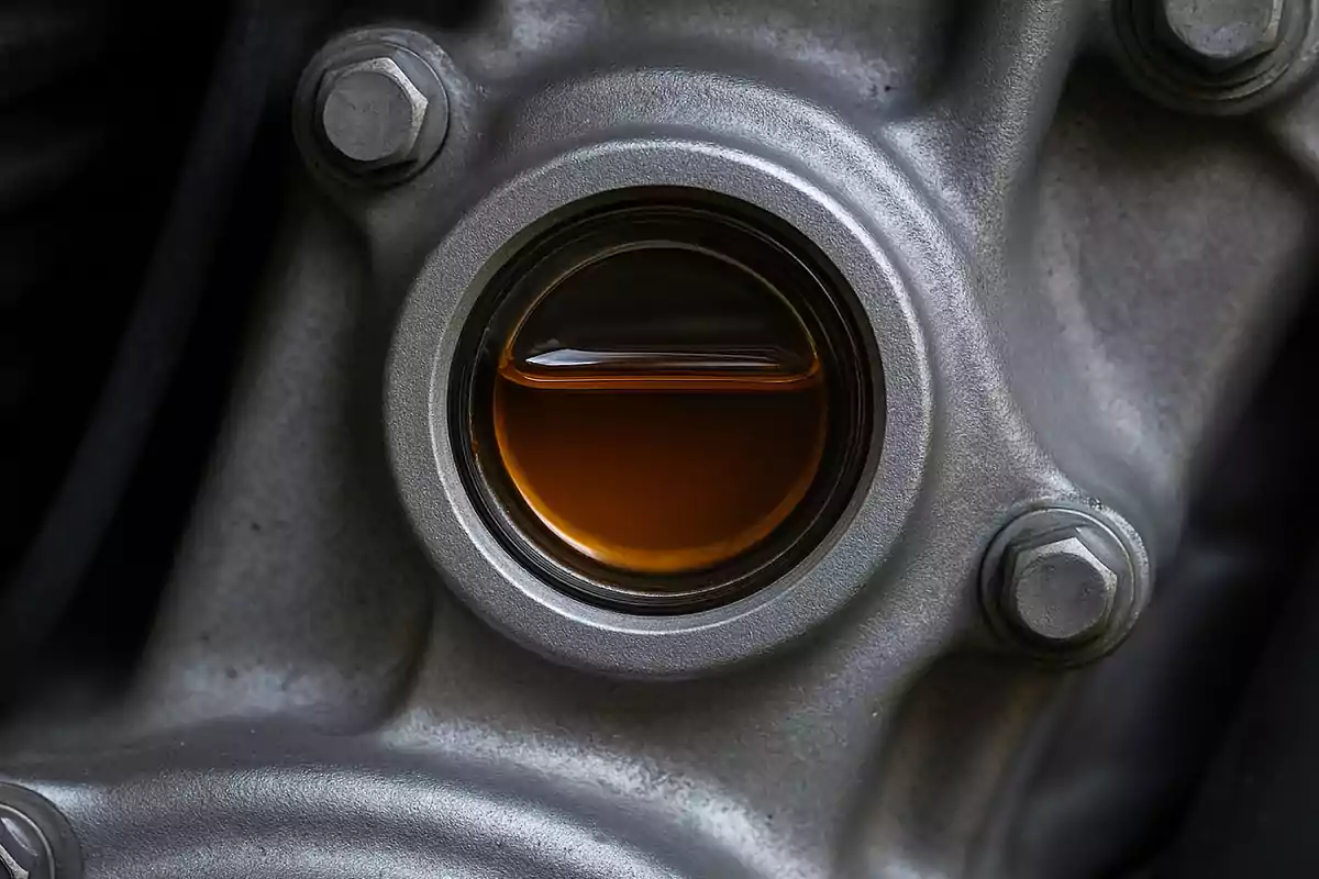 Visor de nivel de aceite en el motor de una motocicleta con aceite limpio visible Visor de nivel de aceite en el motor de una motocicleta con aceite limpio visible
