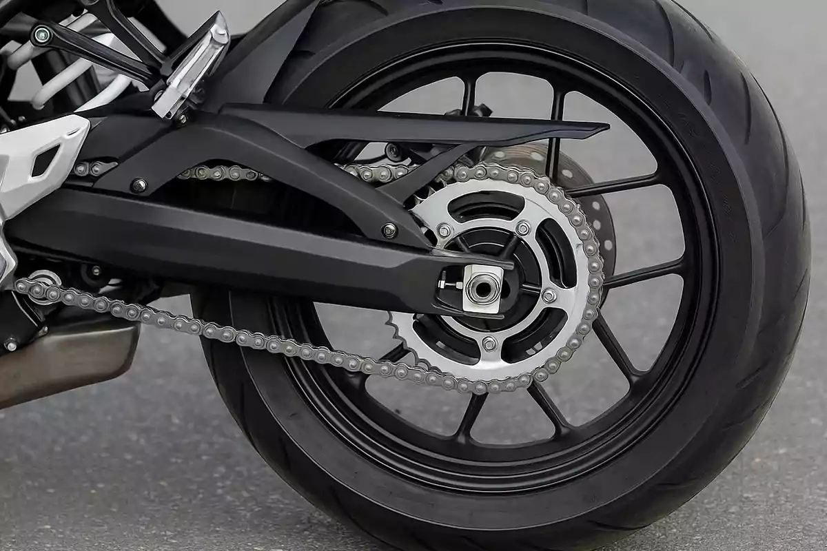 Rueda trasera de una motocicleta con cadena y llanta negra sobre el asfalto Rueda trasera de una motocicleta con cadena y llanta negra sobre el asfalto