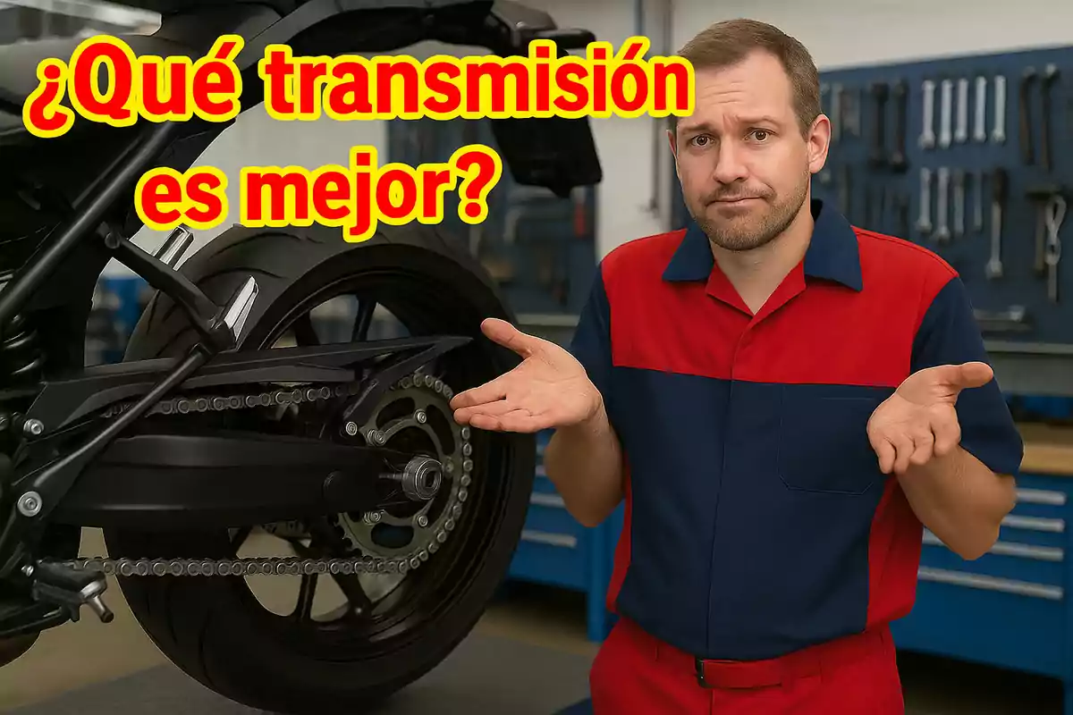 Mecánico con uniforme rojo y azul encogiéndose de hombros junto a una motocicleta mientras un texto grande pregunta qué transmisión es mejor
