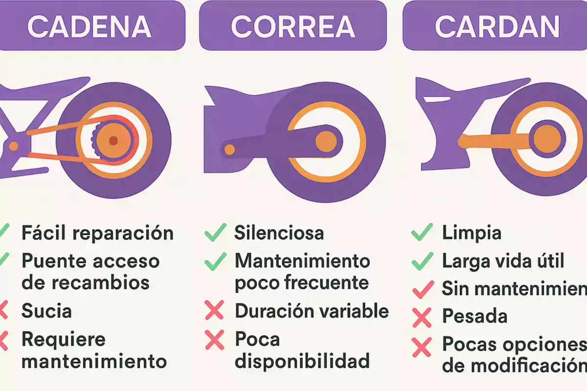 Comparación visual de los sistemas de transmisión de motocicletas cadena, correa y cardán con sus ventajas y desventajas representadas mediante iconos y texto Comparación visual de los sistemas de transmisión de motocicletas cadena, correa y cardán con sus ventajas y desventajas representadas mediante iconos y texto