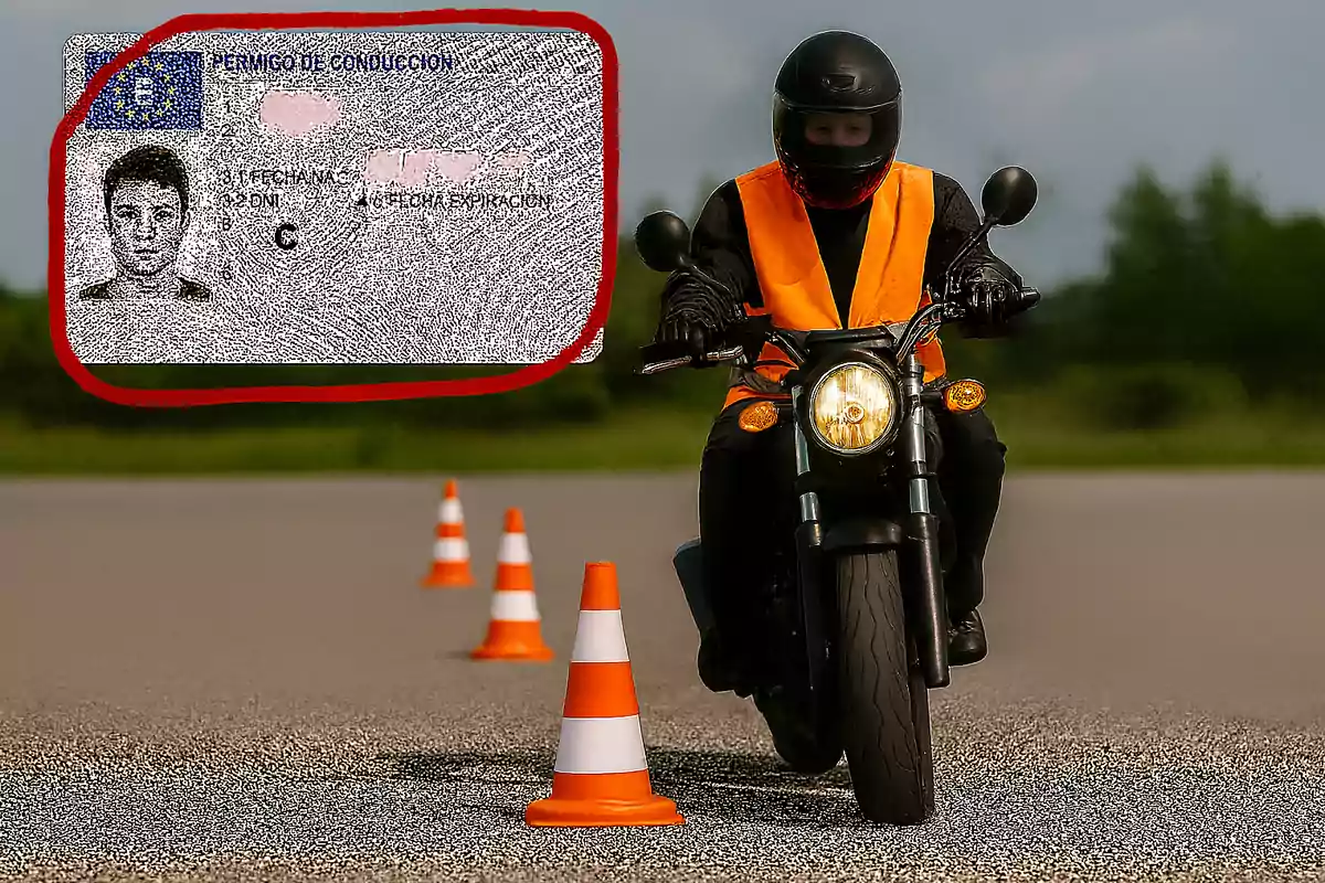 Persona con chaleco naranja y casco negro conduciendo una motocicleta entre conos de tráfico con una imagen de un permiso de conducir ampliada en la esquina superior izquierda Persona con chaleco naranja y casco negro conduciendo una motocicleta entre conos de tráfico con una imagen de un permiso de conducir ampliada en la esquina superior izquierda