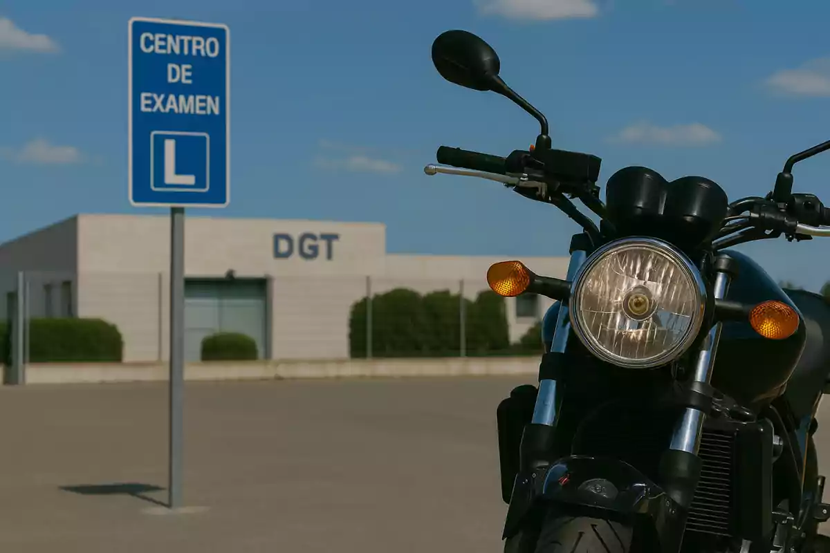 Motocicleta estacionada frente a un centro de exámenes de la DGT con un cartel azul que indica centro de examen Motocicleta estacionada frente a un centro de exámenes de la DGT con un cartel azul que indica centro de examen