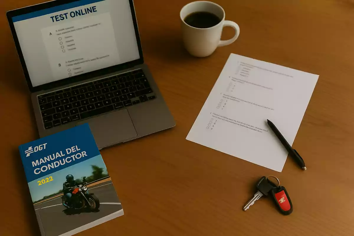 Sobre una mesa hay una laptop con un test online en la pantalla, una taza de café, una hoja con preguntas y un bolígrafo, un libro titulado Manual del Conductor y un par de llaves. Sobre una mesa hay una laptop con un test online en la pantalla, una taza de café, una hoja con preguntas y un bolígrafo, un libro titulado Manual del Conductor y un par de llaves.