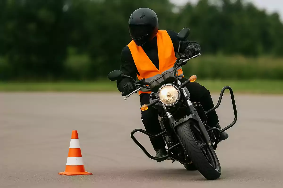 Persona con chaleco naranja y casco negro conduciendo una motocicleta cerca de un cono de tráfico en una pista de entrenamiento Persona con chaleco naranja y casco negro conduciendo una motocicleta cerca de un cono de tráfico en una pista de entrenamiento