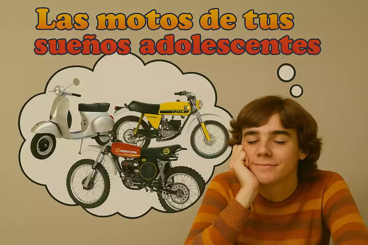 Joven con suéter a rayas naranjas soñando despierto con motos clásicas mientras aparece un texto que dice Las motos de tus sueños adolescentes