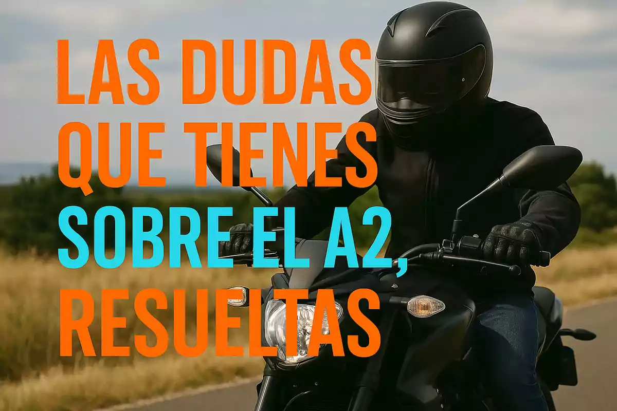 Persona con casco negro conduciendo una motocicleta en una carretera con texto grande que dice las dudas que tienes sobre el A2 resueltas