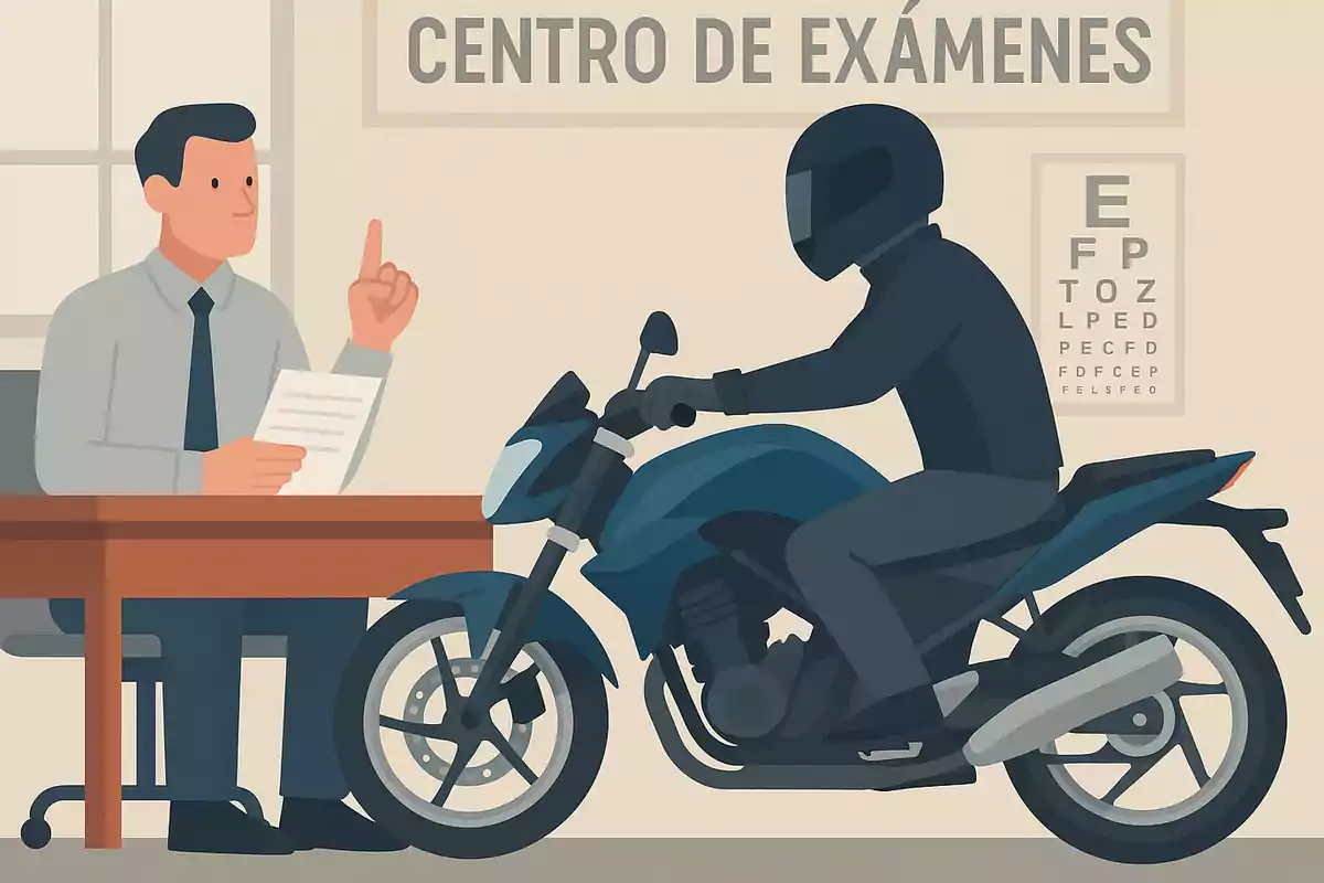 Ilustración de una persona en motocicleta frente a un escritorio donde un examinador sostiene papeles y levanta un dedo en un centro de exámenes Ilustración de una persona en motocicleta frente a un escritorio donde un examinador sostiene papeles y levanta un dedo en un centro de exámenes