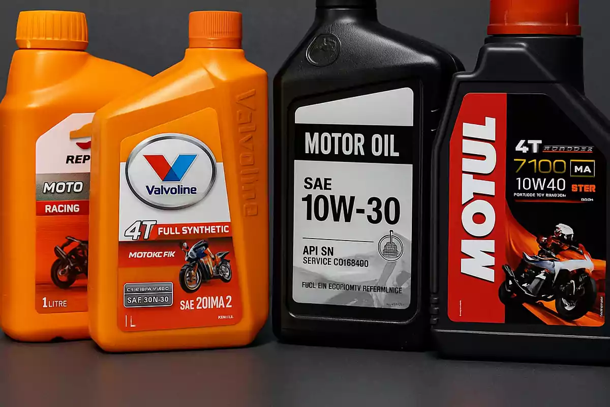 Cuatro envases de aceite para motor de motocicleta de diferentes marcas y colores colocados uno junto al otro sobre una superficie oscura Cuatro envases de aceite para motor de motocicleta de diferentes marcas y colores colocados uno junto al otro sobre una superficie oscura