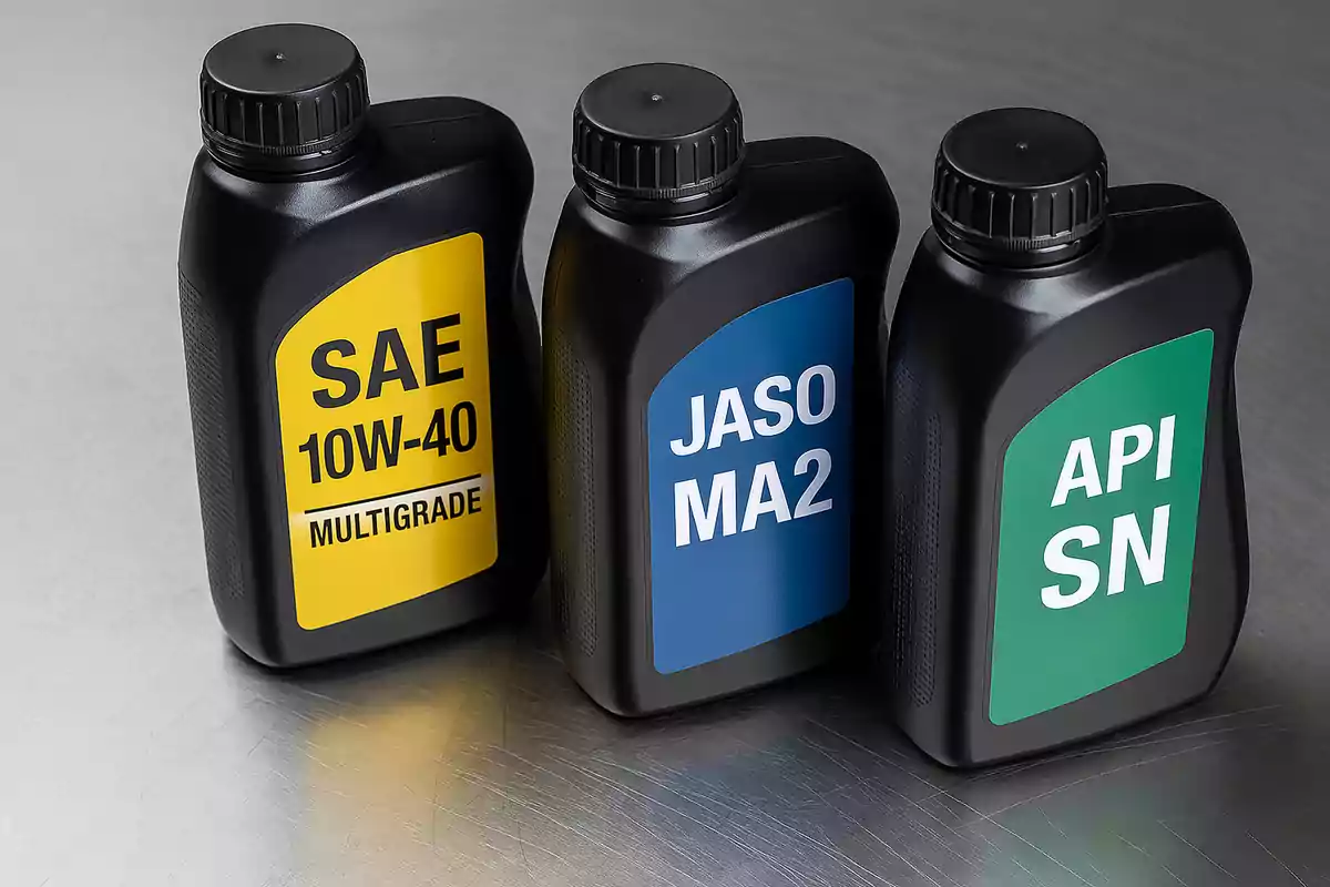 Tres envases negros de aceite para motor con etiquetas de colores amarillo, azul y verde sobre una superficie metálica Tres envases negros de aceite para motor con etiquetas de colores amarillo, azul y verde sobre una superficie metálica