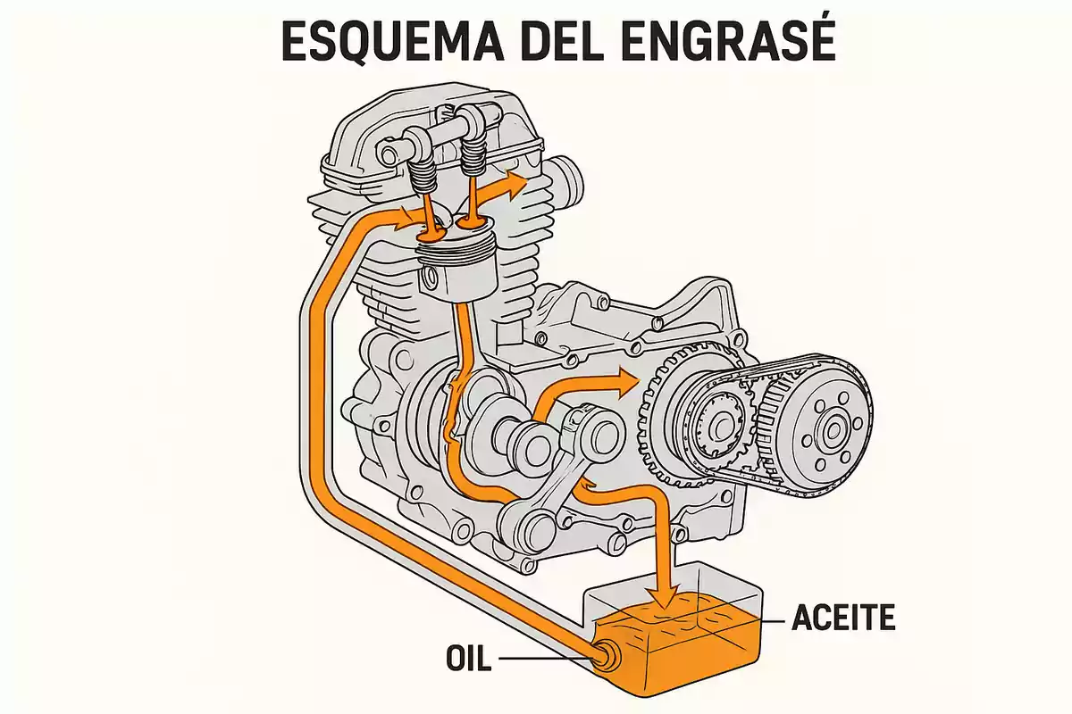 Dibujo técnico de un motor con flechas naranjas que muestran el recorrido del aceite en el sistema de engrase Dibujo técnico de un motor con flechas naranjas que muestran el recorrido del aceite en el sistema de engrase