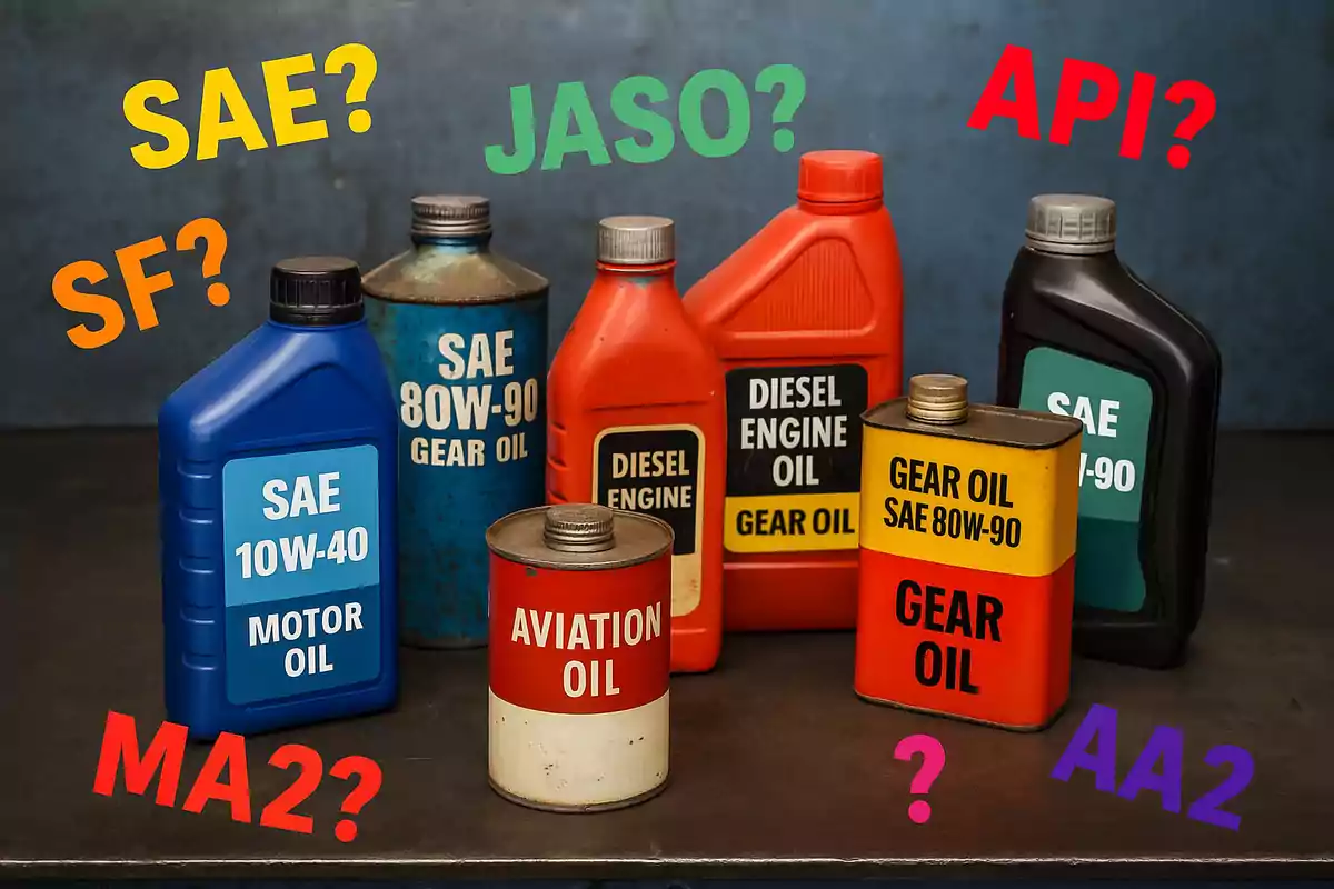 Varios envases de aceites y lubricantes para motor y transmisión con diferentes etiquetas y preguntas sobre especificaciones y normativas en colores llamativos