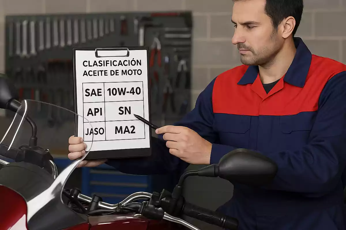 Mecánico con uniforme azul y rojo sostiene una tabla con información sobre la clasificación del aceite de moto y señala con un bolígrafo mientras está junto a una motocicleta en un taller. Mecánico con uniforme azul y rojo sostiene una tabla con información sobre la clasificación del aceite de moto y señala con un bolígrafo mientras está junto a una motocicleta en un taller.
