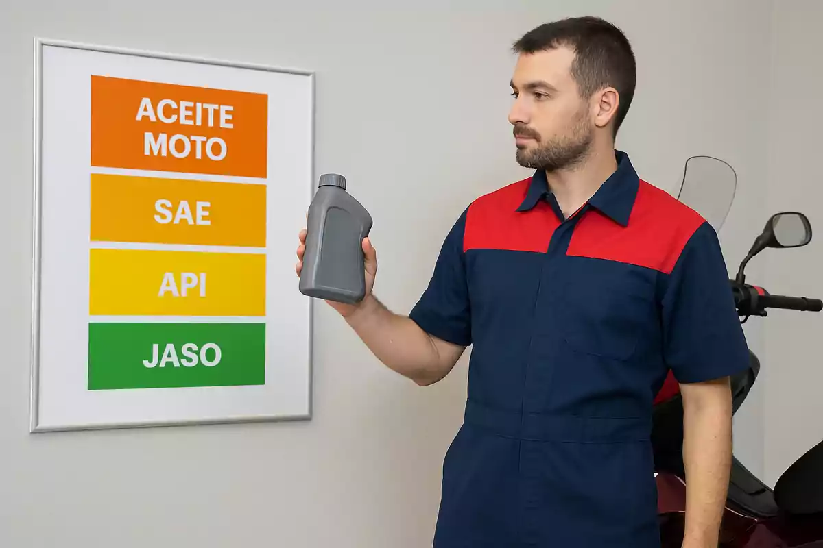 Mecánico con uniforme azul y rojo sostiene un envase de aceite mientras observa un cartel informativo sobre especificaciones de aceite para moto Mecánico con uniforme azul y rojo sostiene un envase de aceite mientras observa un cartel informativo sobre especificaciones de aceite para moto