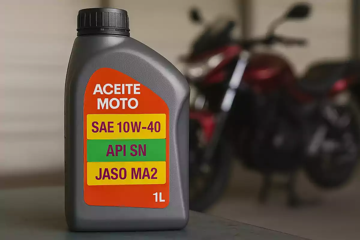 Envase de aceite para moto de un litro con especificaciones SAE 10W-40 API SN JASO MA2 y una motocicleta desenfocada al fondo Envase de aceite para moto de un litro con especificaciones SAE 10W-40 API SN JASO MA2 y una motocicleta desenfocada al fondo