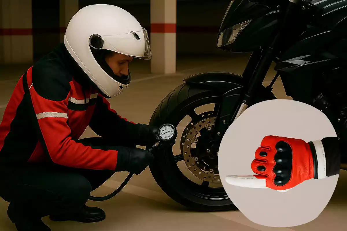 Persona con casco blanco y chaqueta roja revisando la presión de la llanta delantera de una motocicleta negra con un recuadro que muestra un guante señalando con el pulgar hacia abajo
