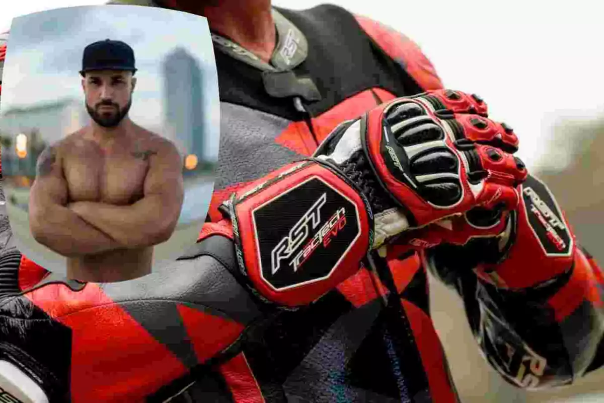 Un hombre con guantes y traje de motociclista en colores rojo y negro aparece en primer plano, mientras que en la esquina superior izquierda se superpone la imagen de un hombre musculoso sin camiseta y con gorra negra, de brazos cruzados.