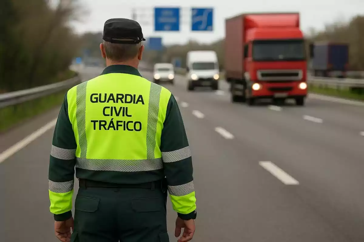 Agente de la Guardia Civil de Tráfico de espaldas en una autopista mientras pasan varios vehículos. Agente de la Guardia Civil de Tráfico de espaldas en una autopista mientras pasan varios vehículos.