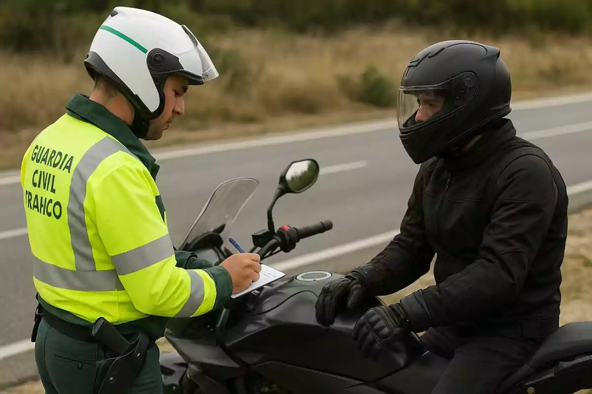 Un agente de tráfico de la Guardia Civil detiene a un motociclista y toma notas junto a una carretera. Un agente de tráfico de la Guardia Civil detiene a un motociclista y toma notas junto a una carretera.