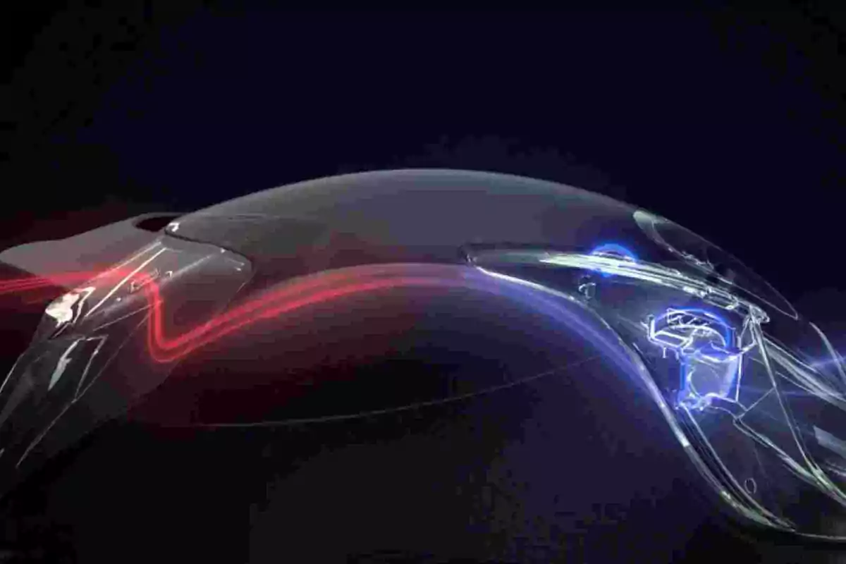 Diseño futurista de un automóvil con líneas de luz rojas y azules sobre un fondo oscuro Diseño futurista de un automóvil con líneas de luz rojas y azules sobre un fondo oscuro