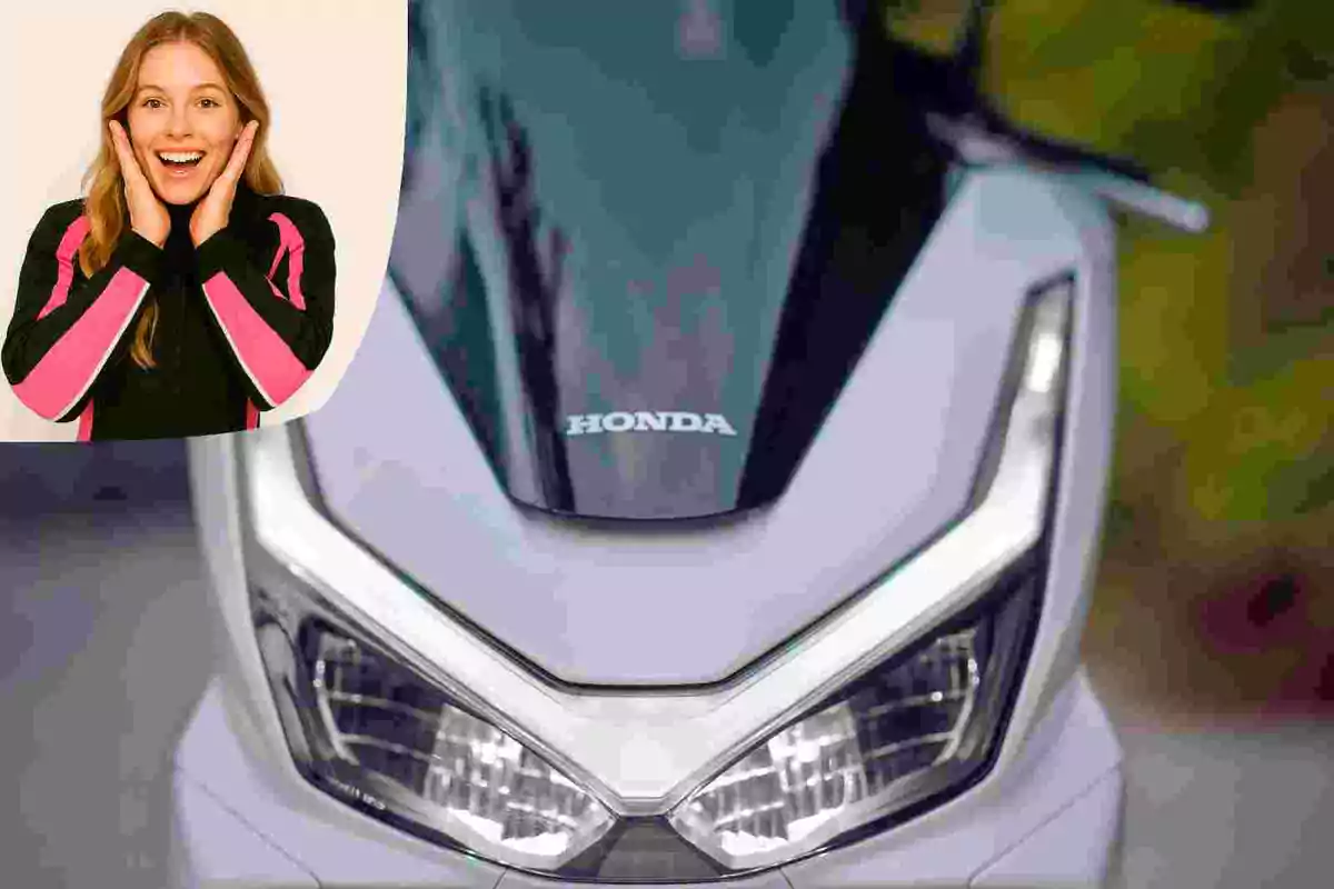 Smiling woman with a surprised expression in the upper left corner and a Honda motorcycle in the foreground