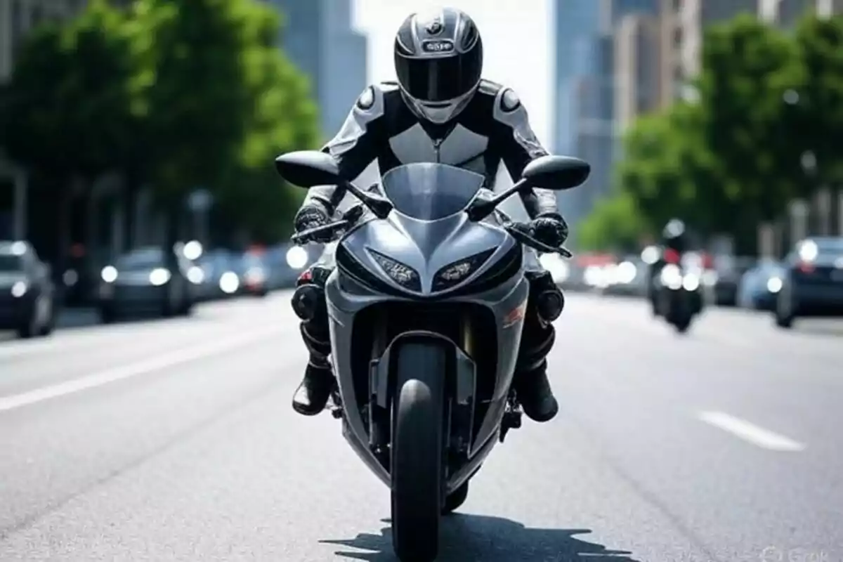 Persona con casco y traje de motociclista conduciendo una moto deportiva por una avenida urbana con autos y árboles al fondo. Persona con casco y traje de motociclista conduciendo una moto deportiva por una avenida urbana con autos y árboles al fondo.