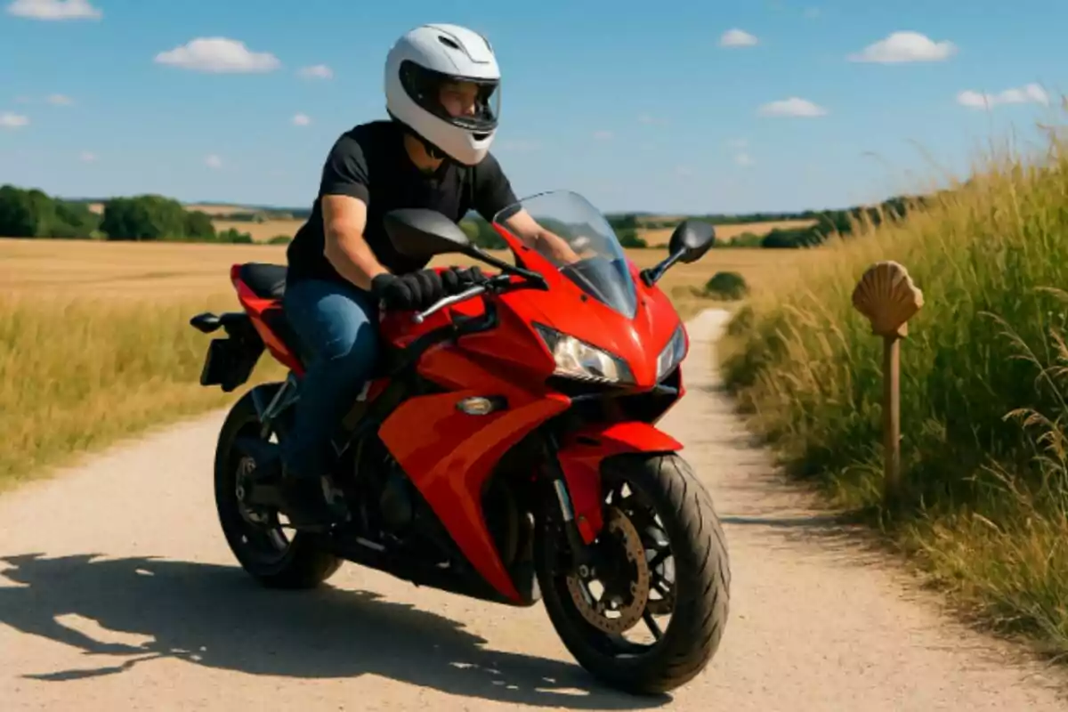 Persona conduciendo una motocicleta deportiva roja por un camino rural rodeado de campos y cielo despejado. Persona conduciendo una motocicleta deportiva roja por un camino rural rodeado de campos y cielo despejado.