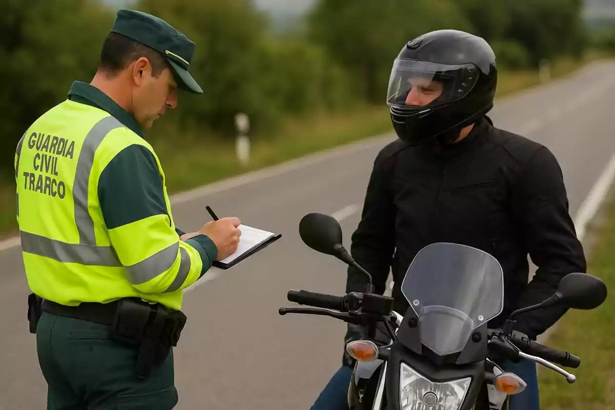 Un agente de la Guardia Civil de Tráfico escribe en una libreta mientras un motociclista con casco negro espera junto a su moto en una carretera rural.