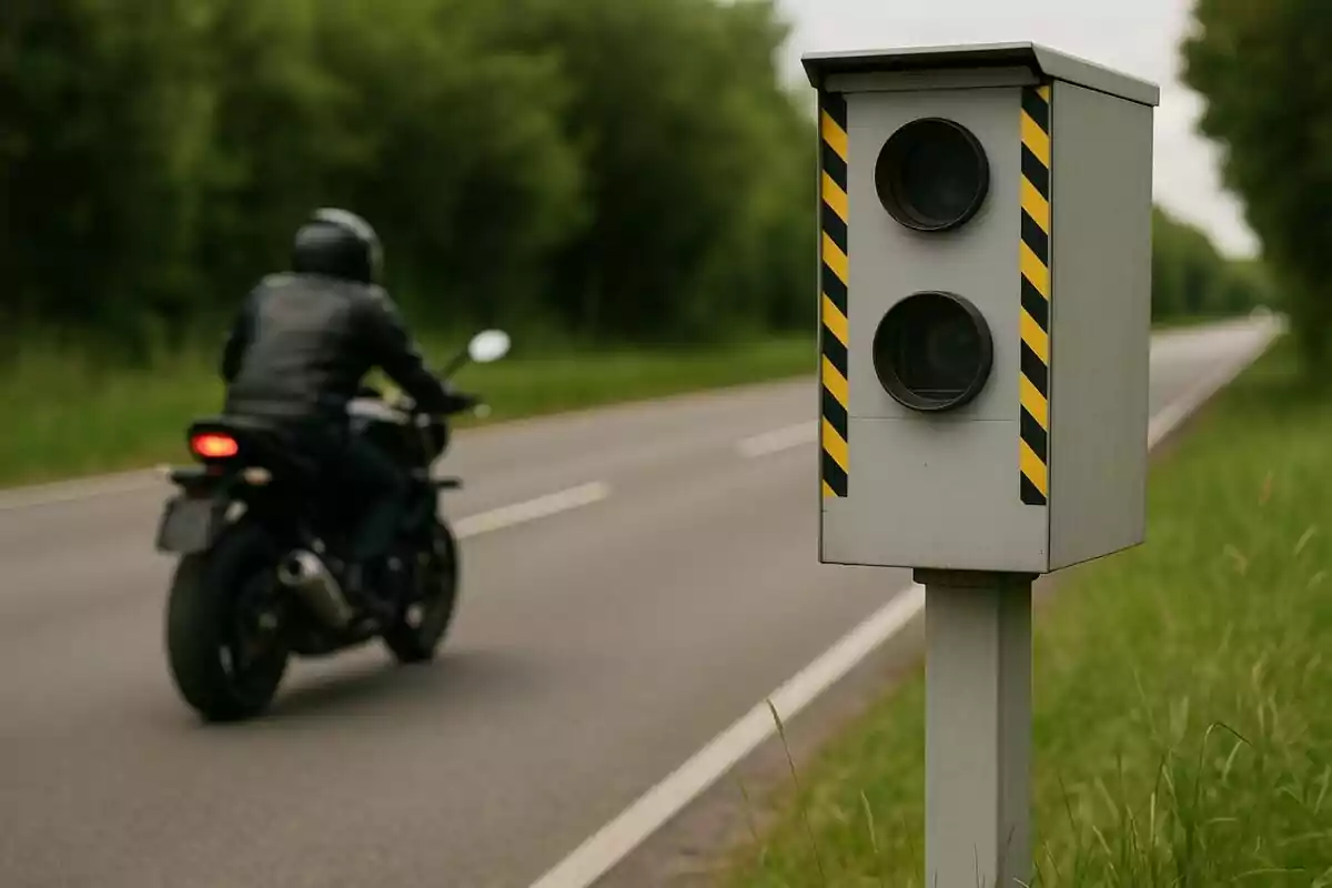 Motociclista circulando por una carretera junto a un radar de velocidad fijo. Motociclista circulando por una carretera junto a un radar de velocidad fijo.
