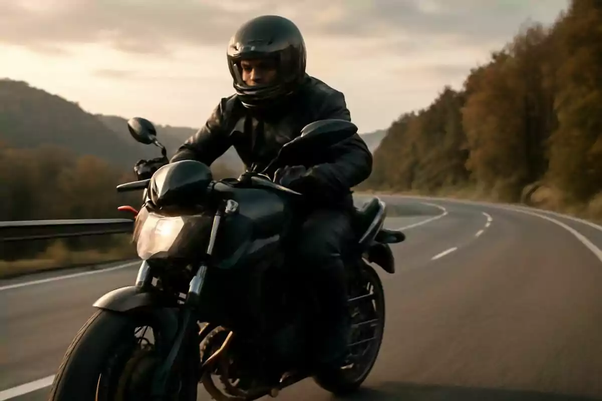 Persona con casco y chaqueta de cuero negro conduciendo una motocicleta en una carretera curva rodeada de árboles al atardecer. Persona con casco y chaqueta de cuero negro conduciendo una motocicleta en una carretera curva rodeada de árboles al atardecer.