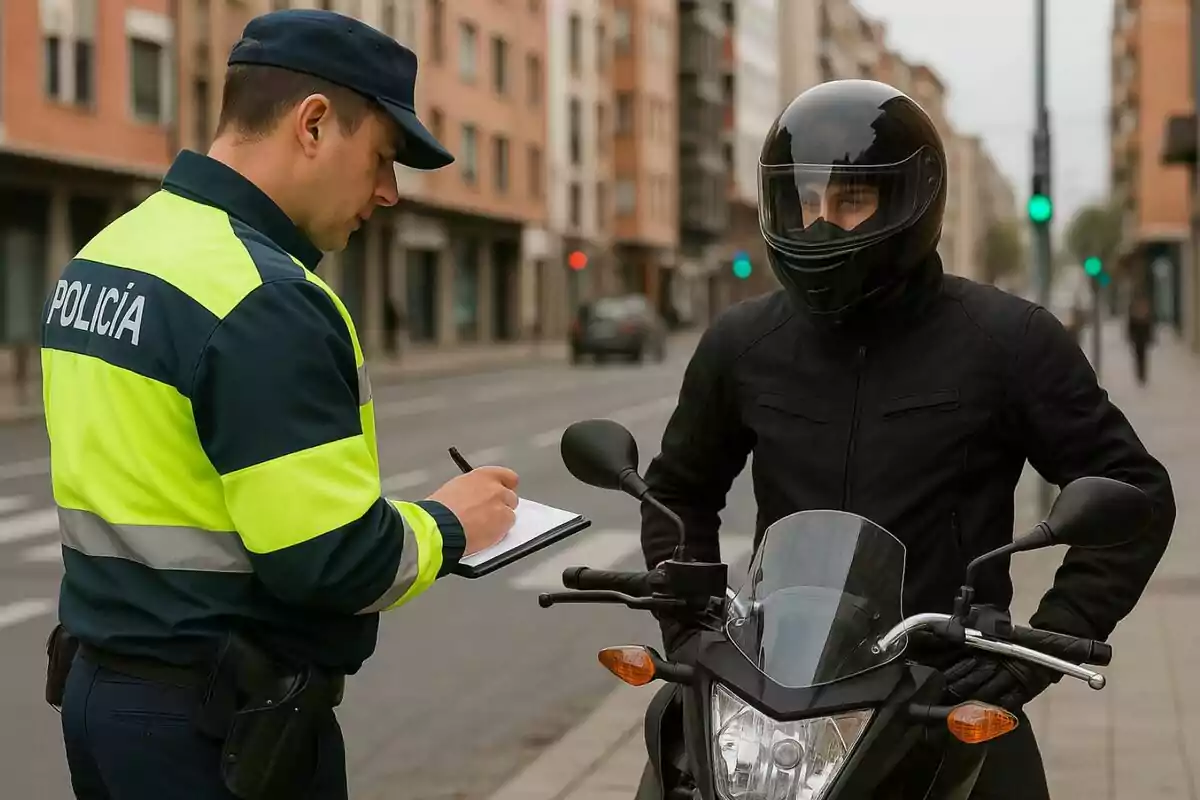 Un policía de tráfico detiene a un motociclista en una calle urbana y toma notas en una libreta mientras el conductor permanece sobre su moto con el casco puesto.