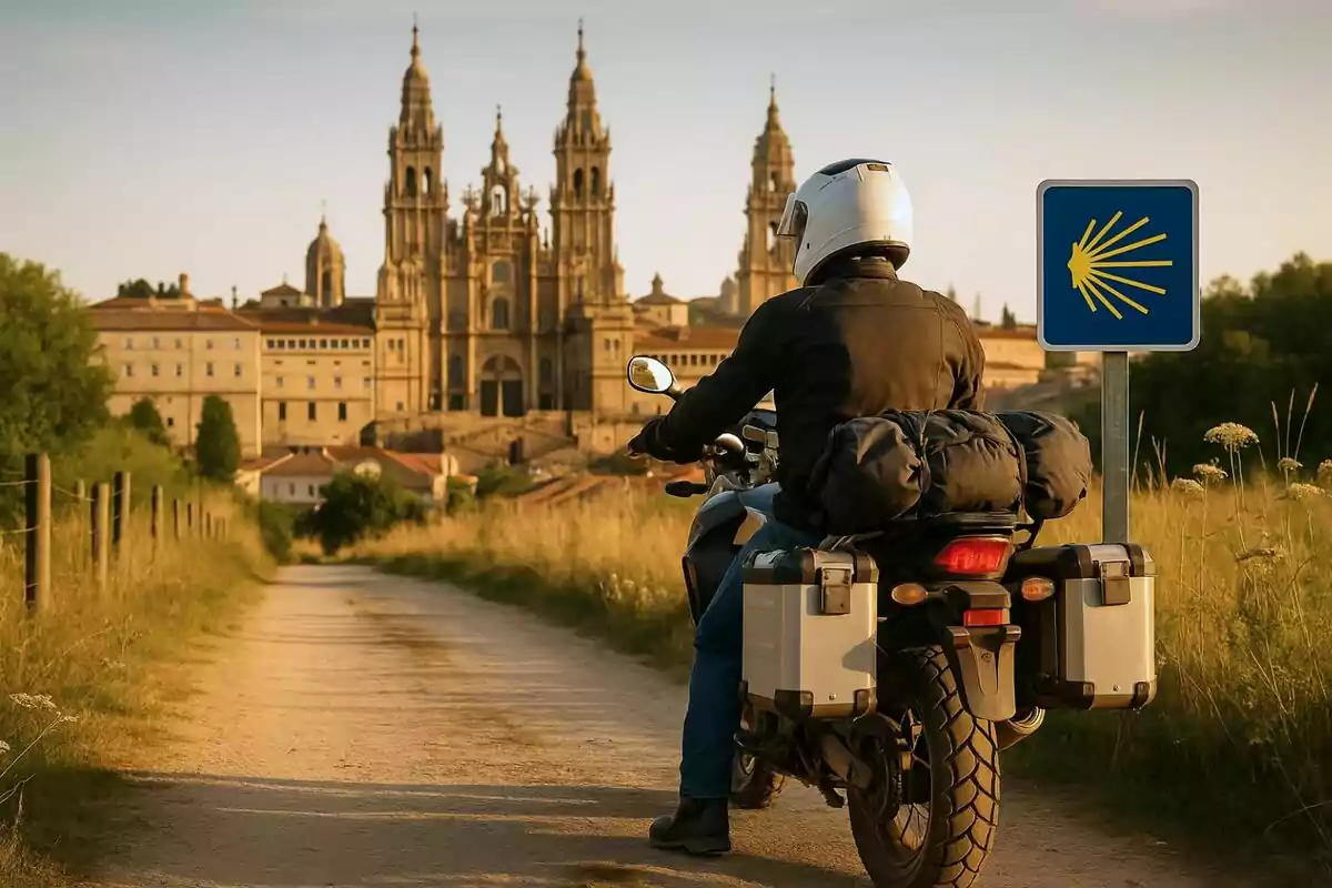 Persona en motocicleta en un camino de tierra acercándose a la catedral de Santiago de Compostela con una señal del Camino de Santiago a la derecha.